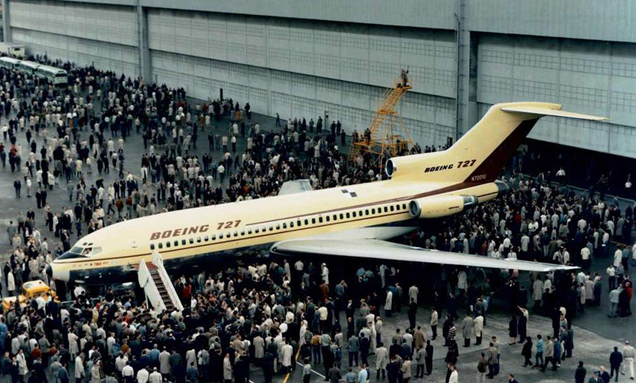 The 727-100 prototype (N7001U) is rolled out of the Boeing factory on November 27, 1962 (Boeing)